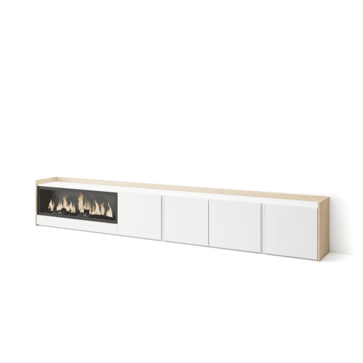 Móvel de TV, Muito espaço de arrumação, 315x35x50cm, Para televisores até 80, Lareira eléctrica XXL, Estilo moderno, Branco e Carvalho soft