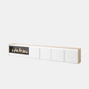 Móvel de TV, Muito espaço de arrumação, 315x35x50cm, Para televisores até 80, Lareira eléctrica XXL, Estilo moderno, Branco e Carvalho soft