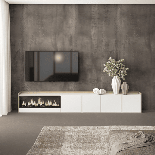 Móvel de TV, Muito espaço de arrumação, 315x35x50cm, Para televisores até 80, Lareira eléctrica XXL, Estilo moderno, Branco e Carvalho soft