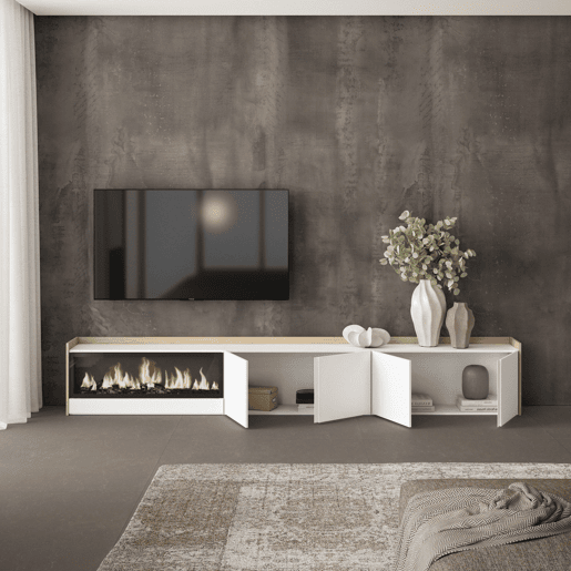 Móvel de TV, Muito espaço de arrumação, 315x35x50cm, Para televisores até 80, Lareira eléctrica XXL, Estilo moderno, Branco e Carvalho soft