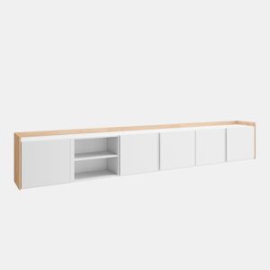 Móvel de TV, Muito espaço de arrumação, 309x35x50cm, Para televisores até 80, Suspensos, LED, Estilo moderno, Branco e Carvalho soft