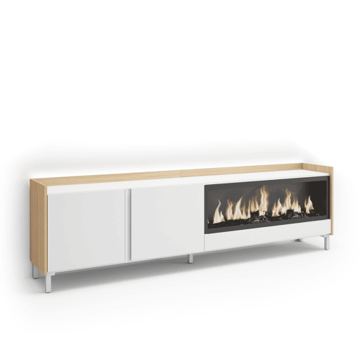 Móvel de TV, Muito espaço de arrumação, 212x35x61cm, Para televisores até 80, Lareira eléctrica XXL, Design industrial, LED, Estilo moderno, Branco e Carvalho soft Móvel de TV, Muito espaço de arrumação, 212x35x61cm, Para televisores até 80, Lareira eléctrica XXL, Design industrial, LED, Estilo moderno, Branco e Carvalho soft