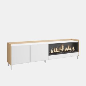 Móvel de TV, Muito espaço de arrumação, 212x35x61cm, Para televisores até 80, Lareira eléctrica XXL, Design industrial, LED, Estilo moderno, Branco e Carvalho soft