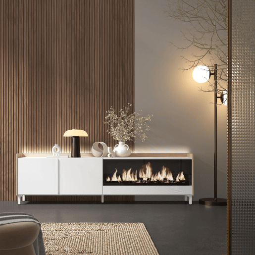 Móvel de TV, Muito espaço de arrumação, 212x35x61cm, Para televisores até 80, Lareira eléctrica XXL, Design industrial, LED, Estilo moderno, Branco e Carvalho soft Móvel de TV, Muito espaço de arrumação, 212x35x61cm, Para televisores até 80, Lareira eléctrica XXL, Design industrial, LED, Estilo moderno, Branco e Carvalho soft