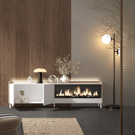 Móvel de TV, Muito espaço de arrumação, 212x35x61cm, Para televisores até 80, Lareira eléctrica XXL, Design industrial, LED, Estilo moderno, Branco e Carvalho soft Móvel de TV, Muito espaço de arrumação, 212x35x61cm, Para televisores até 80, Lareira eléctrica XXL, Design industrial, LED, Estilo moderno, Branco e Carvalho soft