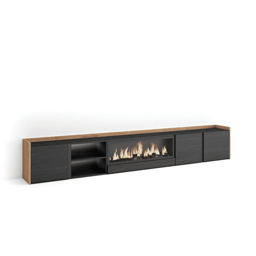 Móvel de TV, Muito espaço de arrumação, 315x35x50cm, Para televisores até 80, Lareira eléctrica XXL, LED, Estilo moderno, Preto e Carvalho Móvel de TV, Muito espaço de arrumação, 315x35x50cm, Para televisores até 80, Lareira eléctrica XXL, LED, Estilo moderno, Preto e Carvalho