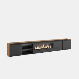 Móvel de TV, Muito espaço de arrumação, 315x35x50cm, Para televisores até 80, Lareira eléctrica XXL, LED, Estilo moderno, Preto e Carvalho