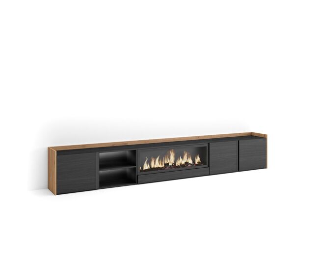 Mueble tv, televisión, muebles de salón, almacenaje, 315x35x50cm, para tv hasta 80", chimenea eléctrica xxl, led, estilo moderno, negro y roble