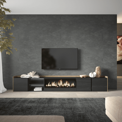 Móvel de TV, Muito espaço de arrumação, 315x35x50cm, Para televisores até 80, Lareira eléctrica XXL, LED, Estilo moderno, Preto e Carvalho Móvel de TV, Muito espaço de arrumação, 315x35x50cm, Para televisores até 80, Lareira eléctrica XXL, LED, Estilo moderno, Preto e Carvalho