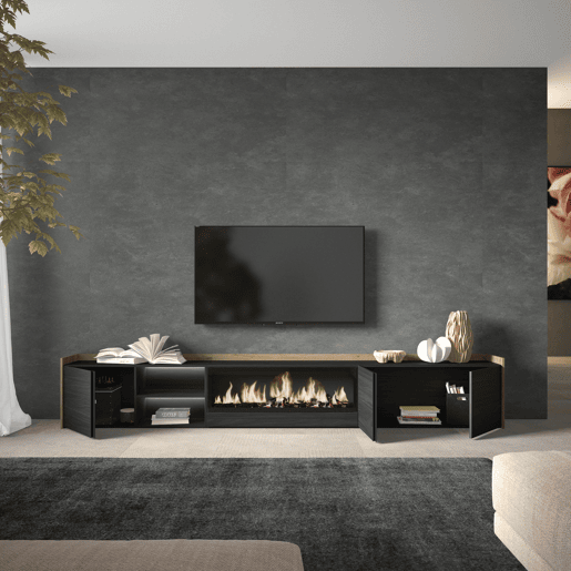 Móvel de TV, Muito espaço de arrumação, 315x35x50cm, Para televisores até 80, Lareira eléctrica XXL, LED, Estilo moderno, Preto e Carvalho Móvel de TV, Muito espaço de arrumação, 315x35x50cm, Para televisores até 80, Lareira eléctrica XXL, LED, Estilo moderno, Preto e Carvalho