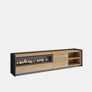 Móvel de TV, Muito espaço de arrumação, 207x37x50cm, Para televisores até 80, Lareira eléctrica, LED, Estilo moderno, Carvalho e preto