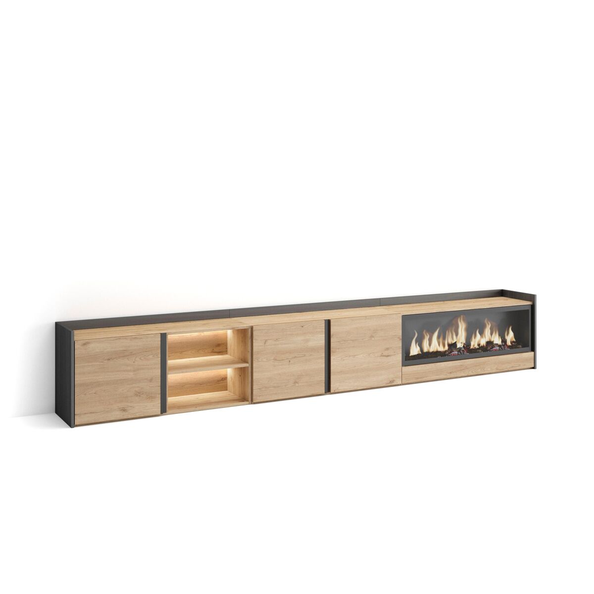 mueble tv television muebles de salon almacenaje 315x35x50cm para tv hasta 80 chimenea electrica xxl led estilo moderno roble y negro
