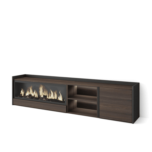 Móvel de TV, Muito espaço de arrumação, 212x35x50cm, Para televisores até 80, Lareira eléctrica XXL, LED, Estilo moderno, Carvalho escuro e Preto
