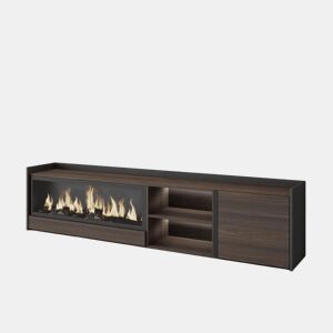 Móvel de TV, Muito espaço de arrumação, 212x35x50cm, Para televisores até 80, Lareira eléctrica XXL, LED, Estilo moderno, Carvalho escuro e Preto