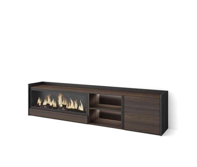 Mueble tv, televisión, muebles de salón, almacenaje, 212x35x50cm, para tv hasta 80", chimenea eléctrica xxl, led, estilo moderno, roble oscuro y negro