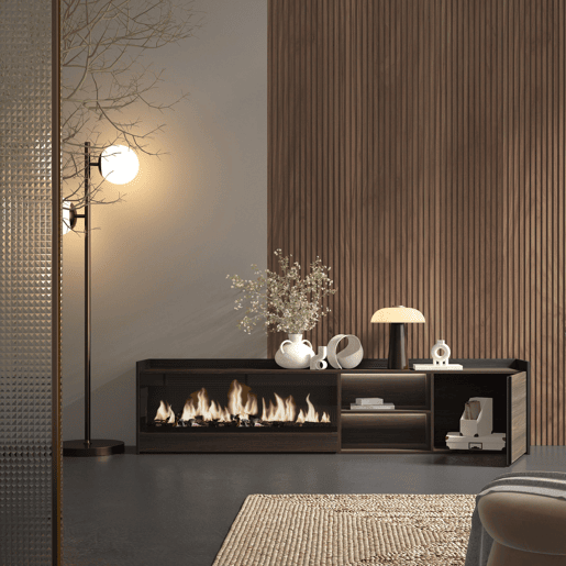 Móvel de TV, Muito espaço de arrumação, 212x35x50cm, Para televisores até 80, Lareira eléctrica XXL, LED, Estilo moderno, Carvalho escuro e Preto
