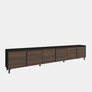 Móvel de TV, Muito espaço de arrumação, 309x35x61cm, Para televisores até 80, Design industrial, Estilo moderno, Carvalho escuro e Preto
