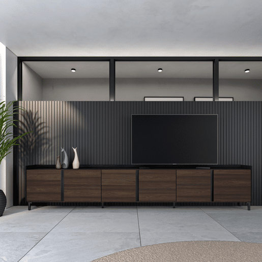Móvel de TV, Muito espaço de arrumação, 309x35x61cm, Para televisores até 80, Design industrial, Estilo moderno, Carvalho escuro e Preto