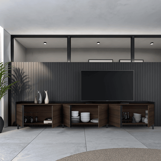 Móvel de TV, Muito espaço de arrumação, 309x35x61cm, Para televisores até 80, Design industrial, Estilo moderno, Carvalho escuro e Preto