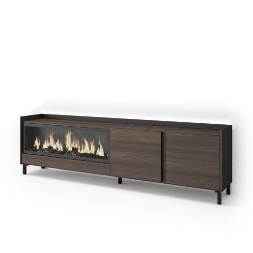 Móvel de TV, Muito espaço de arrumação, 212x35x61cm, Para televisores até 80, Lareira eléctrica XXL, Design industrial, LED, Estilo moderno, Carvalho escuro e Preto