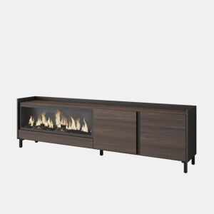 Móvel de TV, Muito espaço de arrumação, 212x35x61cm, Para televisores até 80, Lareira eléctrica XXL, Design industrial, LED, Estilo moderno, Carvalho escuro e Preto