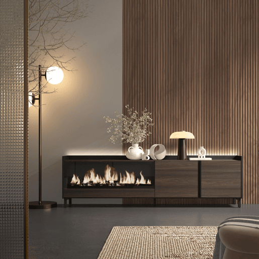 Móvel de TV, Muito espaço de arrumação, 212x35x61cm, Para televisores até 80, Lareira eléctrica XXL, Design industrial, LED, Estilo moderno, Carvalho escuro e Preto