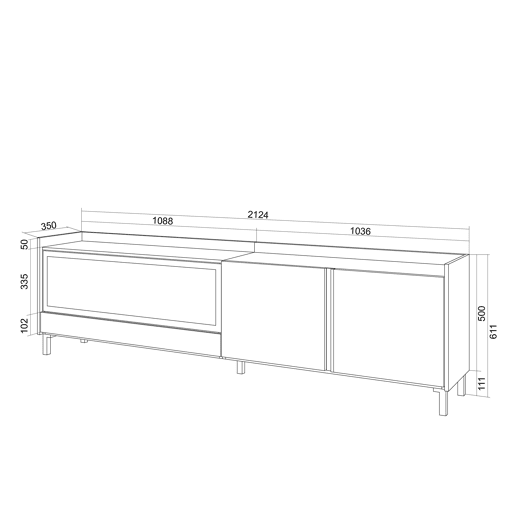 Móvel de TV, Muito espaço de arrumação, 212x35x61cm, Para televisores até 80, Lareira eléctrica XXL, Design industrial, LED, Estilo moderno, Carvalho escuro e Preto