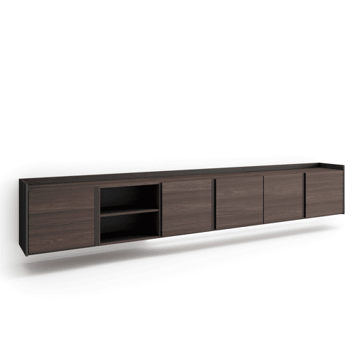 Móvel de TV, Muito espaço de arrumação, 309x35x50cm, Para televisores até 80, Suspensos, LED, Estilo moderno, Carvalho escuro e Preto