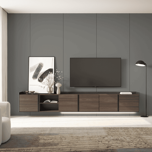 Móvel de TV, Muito espaço de arrumação, 309x35x50cm, Para televisores até 80, Suspensos, LED, Estilo moderno, Carvalho escuro e Preto