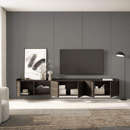 Móvel de TV, Muito espaço de arrumação, 309x35x50cm, Para televisores até 80, Suspensos, LED, Estilo moderno, Carvalho escuro e Preto