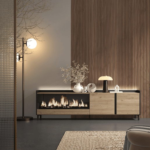 Móvel de TV, Muito espaço de arrumação, 212x35x61cm, Para televisores até 80, Lareira eléctrica XXL, Design industrial, LED, Estilo moderno, Carvalho e preto