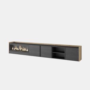 Móvel de TV, Muito espaço de arrumação, 315x35x50cm, Para televisores até 80, Lareira eléctrica XXL, Suspensos, LED, Estilo moderno, Preto e Carvalho