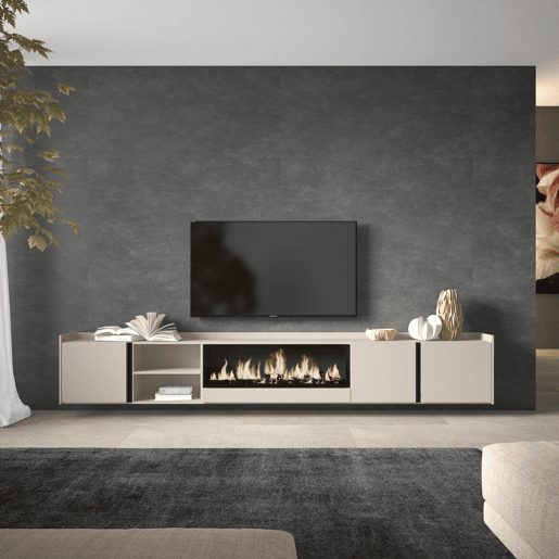 Móvel de TV, Muito espaço de arrumação, 315x35x50cm, Para televisores até 80, Lareira eléctrica XXL, Suspensos, Estilo moderno, Bege