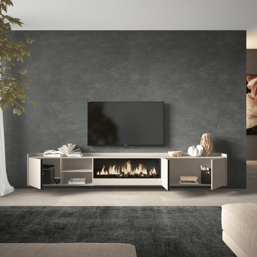 Móvel de TV, Muito espaço de arrumação, 315x35x50cm, Para televisores até 80, Lareira eléctrica XXL, Suspensos, Estilo moderno, Bege