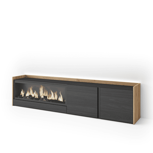 Móvel de TV, Muito espaço de arrumação, 212x35x50cm, Para televisores até 80, Lareira eléctrica XXL, LED, Estilo moderno, Preto e Carvalho Móvel de TV, Muito espaço de arrumação, 212x35x50cm, Para televisores até 80, Lareira eléctrica XXL, LED, Estilo moderno, Preto e Carvalho