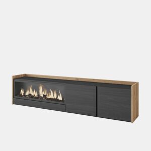 Móvel de TV, Muito espaço de arrumação, 212x35x50cm, Para televisores até 80, Lareira eléctrica XXL, LED, Estilo moderno, Preto e Carvalho