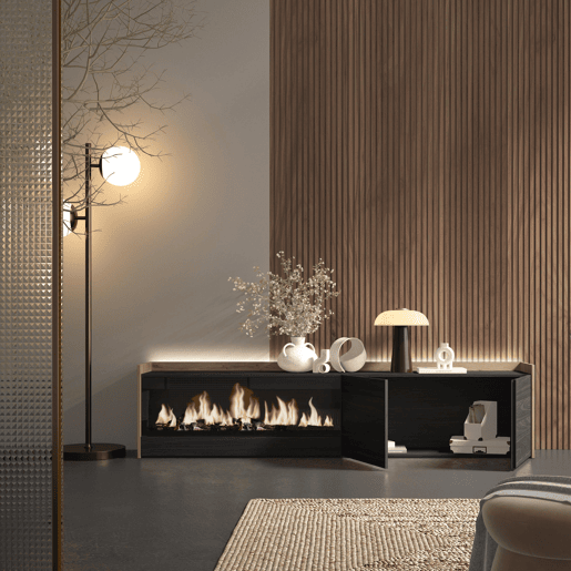 Móvel de TV, Muito espaço de arrumação, 212x35x50cm, Para televisores até 80, Lareira eléctrica XXL, LED, Estilo moderno, Preto e Carvalho Móvel de TV, Muito espaço de arrumação, 212x35x50cm, Para televisores até 80, Lareira eléctrica XXL, LED, Estilo moderno, Preto e Carvalho