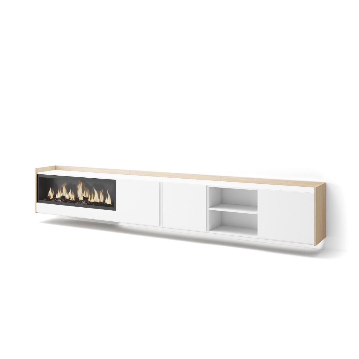 Mueble tv, televisión, muebles de salón, almacenaje, 315x35x50cm, para tv hasta 80", chimenea eléctrica xxl, colgado, suspendido, led, estilo moderno, blanco y roble soft