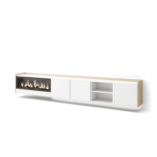 Móvel de TV, Muito espaço de arrumação, 315x35x50cm, Para televisores até 80, Lareira eléctrica XXL, Suspensos, LED, Estilo moderno, Branco e Carvalho soft Móvel de TV, Muito espaço de arrumação, 315x35x50cm, Para televisores até 80, Lareira eléctrica XXL, Suspensos, LED, Estilo moderno, Branco e Carvalho soft