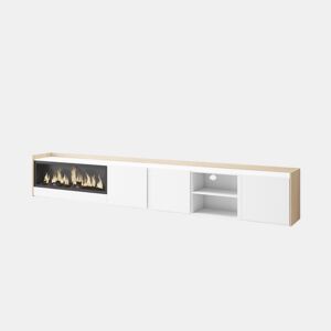 Móvel de TV, Muito espaço de arrumação, 315x35x50cm, Para televisores até 80, Lareira eléctrica XXL, Suspensos, LED, Estilo moderno, Branco e Carvalho soft