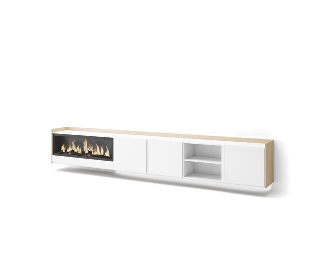 Mueble tv, televisión, muebles de salón, almacenaje, 315x35x50cm, para tv hasta 80", chimenea eléctrica xxl, colgado, suspendido, led, estilo moderno, blanco y roble soft