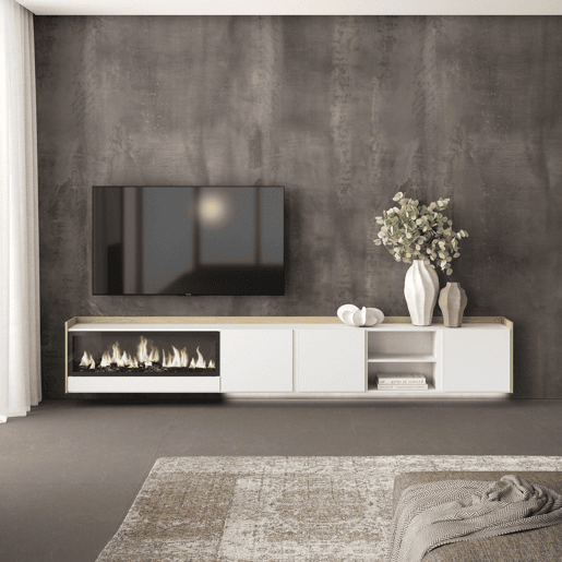 Móvel de TV, Muito espaço de arrumação, 315x35x50cm, Para televisores até 80, Lareira eléctrica XXL, Suspensos, LED, Estilo moderno, Branco e Carvalho soft Móvel de TV, Muito espaço de arrumação, 315x35x50cm, Para televisores até 80, Lareira eléctrica XXL, Suspensos, LED, Estilo moderno, Branco e Carvalho soft