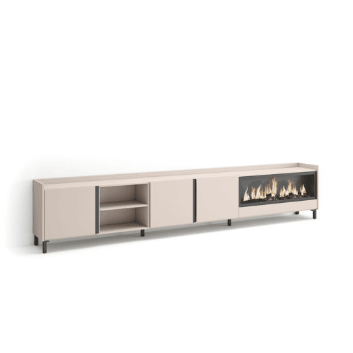 Móvel de TV, Muito espaço de arrumação, 315x35x61cm, Para televisores até 80, Lareira eléctrica XXL, Design industrial, Estilo moderno, Bege Móvel de TV, Muito espaço de arrumação, 315x35x61cm, Para televisores até 80, Lareira eléctrica XXL, Design industrial, Estilo moderno, Bege