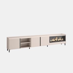 Móvel de TV, Muito espaço de arrumação, 315x35x61cm, Para televisores até 80, Lareira eléctrica XXL, Design industrial, Estilo moderno, Bege