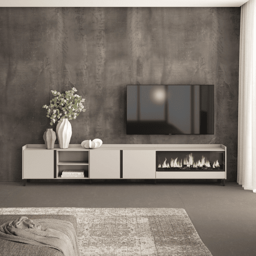 Móvel de TV, Muito espaço de arrumação, 315x35x61cm, Para televisores até 80, Lareira eléctrica XXL, Design industrial, Estilo moderno, Bege Móvel de TV, Muito espaço de arrumação, 315x35x61cm, Para televisores até 80, Lareira eléctrica XXL, Design industrial, Estilo moderno, Bege