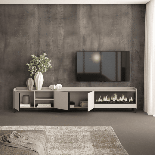 Móvel de TV, Muito espaço de arrumação, 315x35x61cm, Para televisores até 80, Lareira eléctrica XXL, Design industrial, Estilo moderno, Bege Móvel de TV, Muito espaço de arrumação, 315x35x61cm, Para televisores até 80, Lareira eléctrica XXL, Design industrial, Estilo moderno, Bege