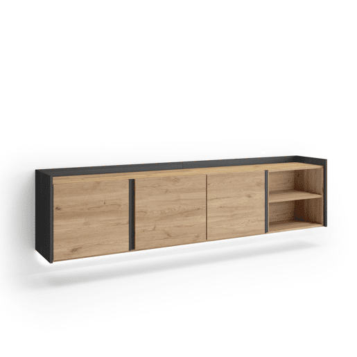Móvel de TV, Muito espaço de arrumação, 207x35x50cm, Para televisores até 80, Suspensos, LED, Estilo moderno, Carvalho e preto Móvel de TV, Muito espaço de arrumação, 207x35x50cm, Para televisores até 80, Suspensos, LED, Estilo moderno, Carvalho e preto