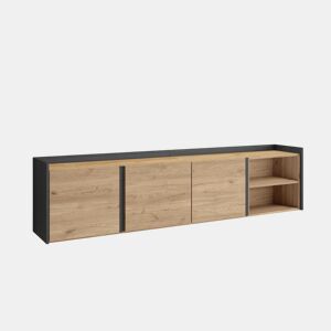 Móvel de TV, Muito espaço de arrumação, 207x35x50cm, Para televisores até 80, Suspensos, LED, Estilo moderno, Carvalho e preto