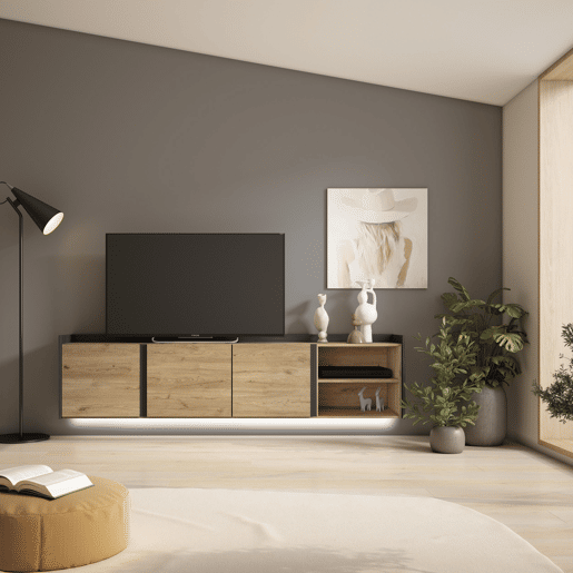 Móvel de TV, Muito espaço de arrumação, 207x35x50cm, Para televisores até 80, Suspensos, LED, Estilo moderno, Carvalho e preto Móvel de TV, Muito espaço de arrumação, 207x35x50cm, Para televisores até 80, Suspensos, LED, Estilo moderno, Carvalho e preto