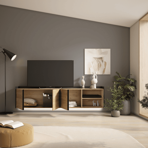 Móvel de TV, Muito espaço de arrumação, 207x35x50cm, Para televisores até 80, Suspensos, LED, Estilo moderno, Carvalho e preto Móvel de TV, Muito espaço de arrumação, 207x35x50cm, Para televisores até 80, Suspensos, LED, Estilo moderno, Carvalho e preto